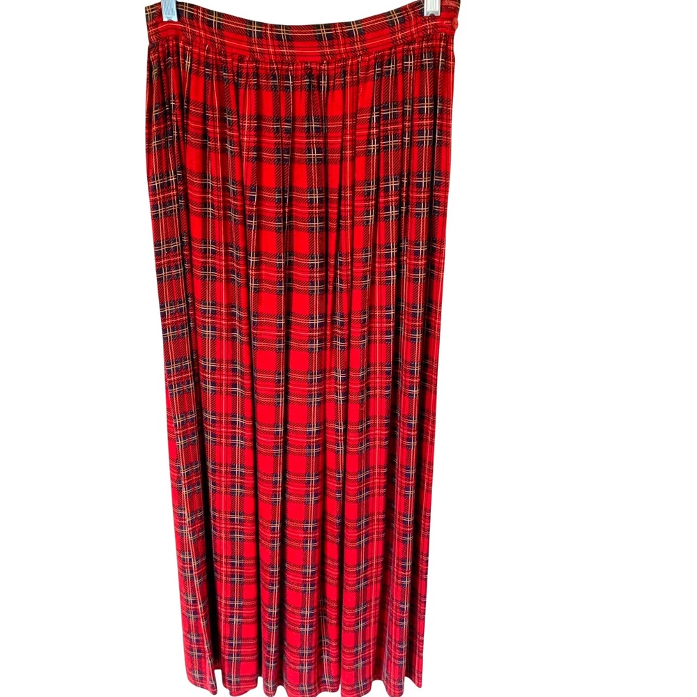 Stephanie Andrews Size 6 Maxi Skirt Red Plaid Rayon Vintage Side Zip Long Skirt